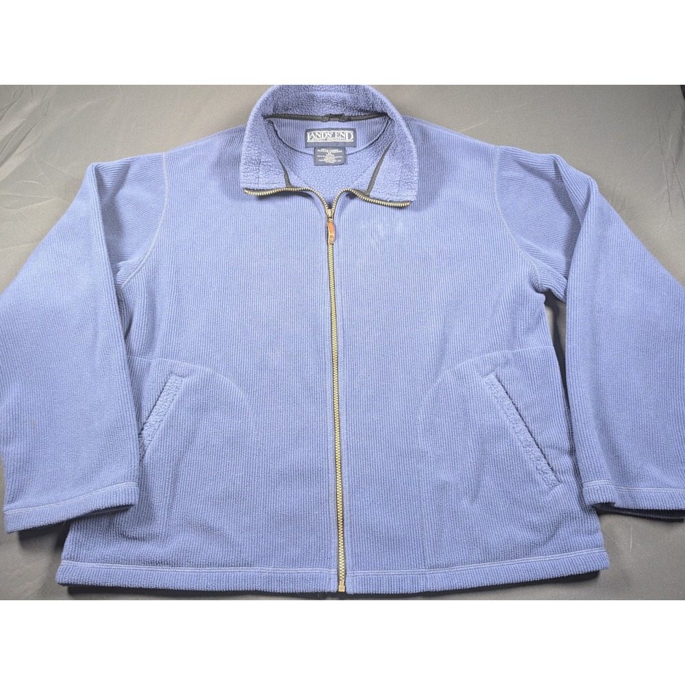 Lands End Polartec Ribbed Fleece Jacket Mens XL Blue Full Zip Made in USA